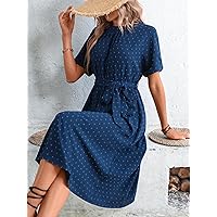 Fall Dresses for Women 2023 Swiss Dot Batwing Sleeve Belted Dress Dresses for Women (Color : Navy Blue, Size : Large)