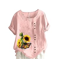 Sunflower Printed Cotton Linen Shirts Women Short Sleeve Oversized Blouses Dressy Casual Loose Crew Neck Summer Tops