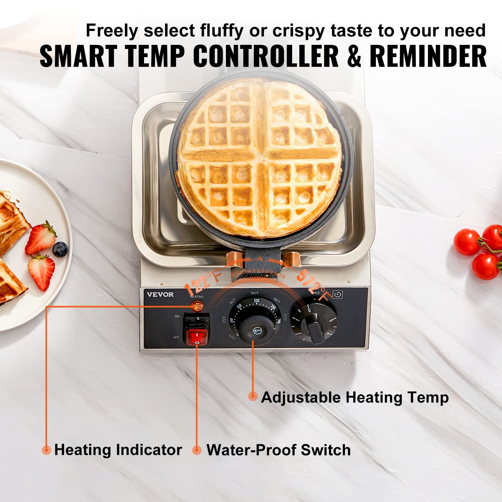 VEVOR Commercial Waffle Maker, 1300W Round Waffle Iron, Non-Stick Rotatable Waffle Baker Machine With 122-572℉ Temp Range and Time Control, Teflon-Coated Baking Pan Stainless Steel Body 120V