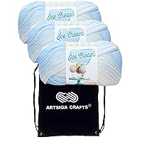 Lion Brand Ice Cream Blueberry 923-203 (3-Skeins - Same Dye Lot) Baby Sport #2 Acrylic Yarn for Crocheting and Knitting - Bundle with 1 Artsiga Crafts Project Bag