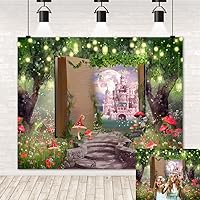 Enchanted Forest Backdrop Fairytale Jungle Red Mushroom Magical Books Girls Birthday Party Photography Background Full Moon Princess Castle Kids Newborn Baby Shower Happy Birthday Banner 10x8ft
