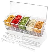 Ice Chilled 5 Compartment Condiment Server Caddy | Plastic Storage Food Containers | Serving Tray Container with 5 Removable Dishes Over 2 Cup Capacity Each and Hinged Lid