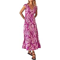 PRETTYGARDEN Women's Summer Flowy Maxi Dress Casual Cap Sleeve V Neck Smocked Beach Sundress