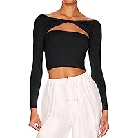 Women's Solid Color Hollow Kink Off-Shoulder Multi-Wear T-Shirt Twist Top Sexy Front Cut Out Tops