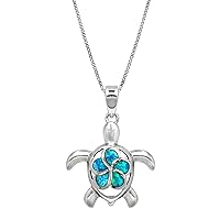 Honolulu Jewelry Company Sterling Silver Turtle Ocean Sea Life Necklace Pendant with Simulated Blue Opal Plumeria Flower Nature 18