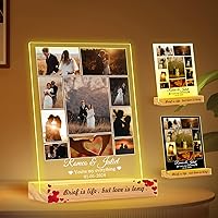 Personalized Valentines Day Gifts for Boyfriend Girlfriend, Customized Acrylic Plaque Printed with Photos, Custom Wood Picture Frame with LED, Birthday Gift for Husband Wife Sisters Friends