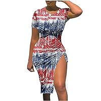 4th of July Dress Women Sexy Hollow Out Ruched Slit Bodycon Dress American Flag Print Dress Summer Short Sleeve Midi Dresses