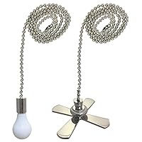 Royal Designs Celling Fan Pull Chain Beaded Ball Extension Chain with Decorative Fan and Light Bulb, Nickel Plated, Set of 2
