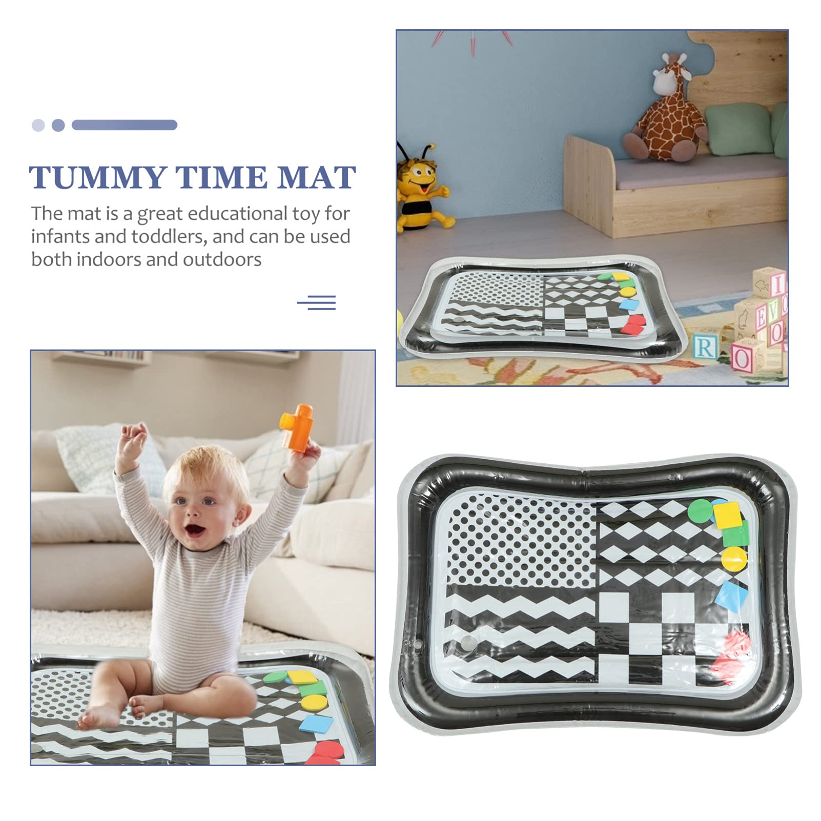 Toyvian Tummy Time Water Mat Inflatable Infant Baby Water Mat Toddler High Contrast Baby Kids Fun Plaything for 3- 12 Months Baby ( Black&White )