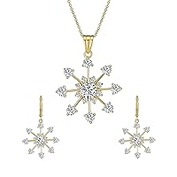 Festive Christmas Jewelry Set CZ Snowflake Dangle Earrings & Necklace, Captivate the Frozen Winter Theme Holiday Party Season for Women and Teens Yellow Gold Plated