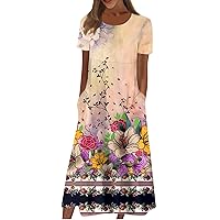 Floral Print Dress Womens Dressy Short Sleeve Trendy Dresses Round Neck Fashion Summer Ladies Pocket Basic Midi Dresses