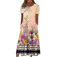 Classic Summer Long Short Sleeve Dresses for Women Active Baggy Cool Graphic Dress Cotton Pocket Pullover.