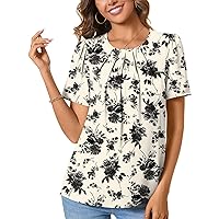 ALIGADUO Womens Summer Basic Pleated Keyhole Back Crewneck Casual Trendy Blouse Shirts Tops