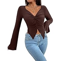 Avanova Women V Neck Bell Long Sleeve Crop Top Twist Knot Asymmetrical Ruched Shirt