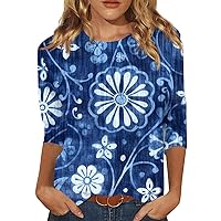 3/4 Length Sleeve Womens Tops Dressy Casual Crew Neck Blouses 2023 Floral Printed Cute T Shirt for Women