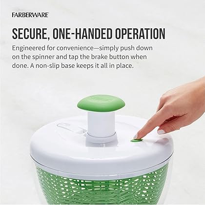 Farberware Easy to use pro Pump Spinner with Bowl, Colander and Built in draining System for Fresh, Crisp, Clean Salad and Produce, Large 6.6 quart, Green