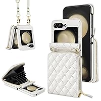 Vofolen Case for Samsung Galaxy Z Flip 5 with Card Holder, Crossbody 8-Card Slots Wallet Case with Adjustable Strap Soft PU Leather Protective Zipper for Women Girls, White