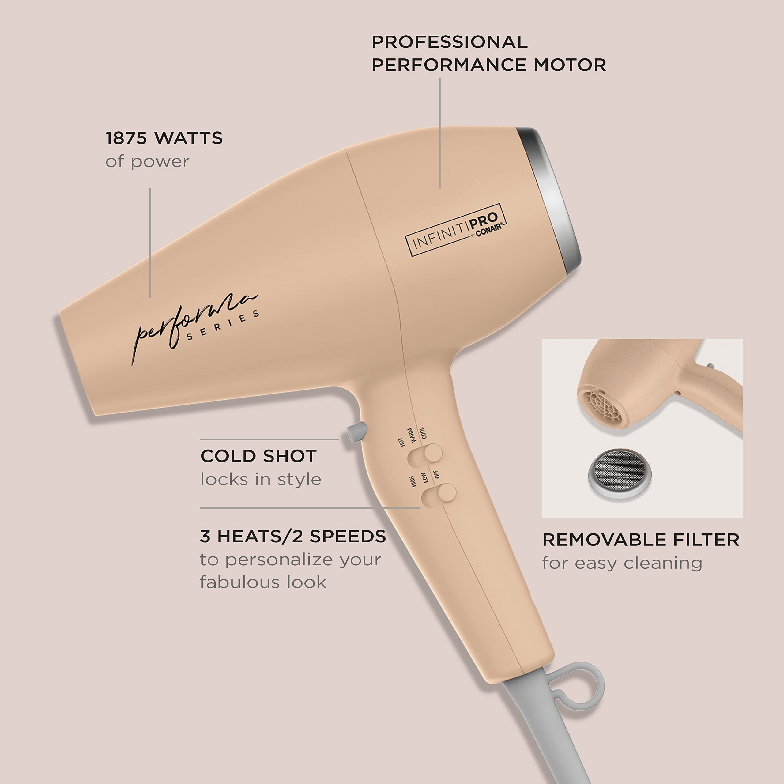 INFINITIPRO by CONAIR Performa Series Hair Dryer with Diffuser Plus 3 Other Attachments, 1875W Blow Dryer with Professional Performance Motor
