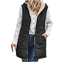 Women Long Reversible Hooded Puffer Vest Sherpa Fleece Zip Hoodies Sleeveless Coat Winter Waistcoat with Pockets