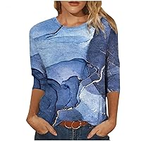 Summer Casual 3/4 Sleeve Shirt for Women Landscape Painting Pattern Top Three Quarter Sleeve Pullover Round Neck Tee