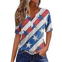 Women's Tops American Flag 4Th of July 2024 Cute Star Stripes Print Button Down V Neck Short Sleeve Tee Blouse