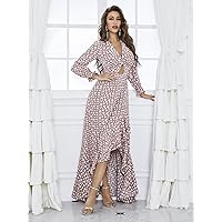 Summer Dresses for Women 2022 Allover Print Twist Front Cut-Out Lantern Sleeve Split Thigh Dress (Color : Multicolor, Size : X-Large)