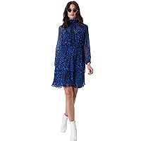 Elina fashion Women's Faux Georgette Flared Mini Long Sleeve Printed Dress High Neck Summer Casual Tiered Dresses