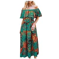 Wrap Dresses for Women 2024,Women Off The Shoulder Beach Skirt One Line Neck Ruffle Edge Lace Up Waist Dress H