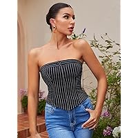 Women's Tops Sexy Tops for Women Women's Shirts Striped Asymmetrical Hem Tube Top (Color : Black, Size : Small)