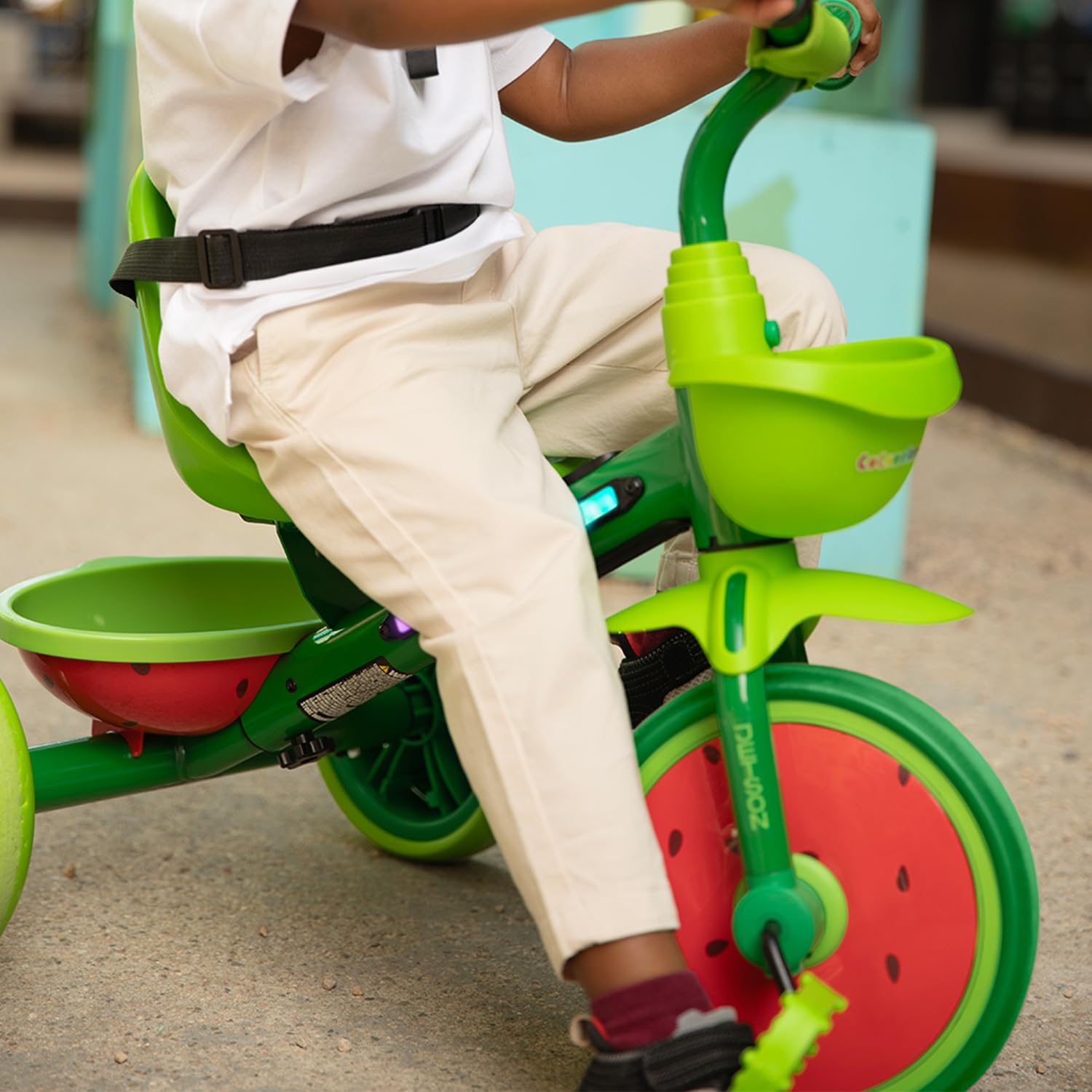 Jetson CoComelon Light-Up Trike, Front and Rear Baskets, Multi-Colored LED Lights, Seatbelt and Bell, Green, Ages 2-4