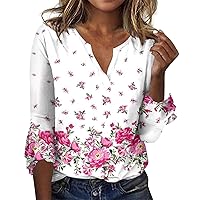 Womens 3/4 Sleeve Tops Floral Printed V Neck Oversized Graphic T Shirts Fashion Halloween Blouses for Women