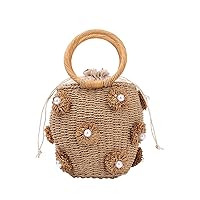 Lanpet Straw Beach Bag for Women Summer Drawstring Woven Tote Bag Flower Pearls Bucket Handbags
