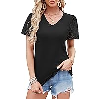 XIEERDUO Lace Puff Sleeve Tops for Women 2024 V Neck Shirts Womens Shirts Dressy Casual Loose Tops Summer Tee Shirt