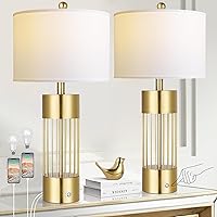 Hamucd Touch Control Set of 2 Gold Table Lamps for Living Room with USB A+C,3-Way Dimmable Modern Brass Nightstand Lamps for Bedroom,Tall Bedside Lamps with White Shades(Two A19 LED Bulbs Included)