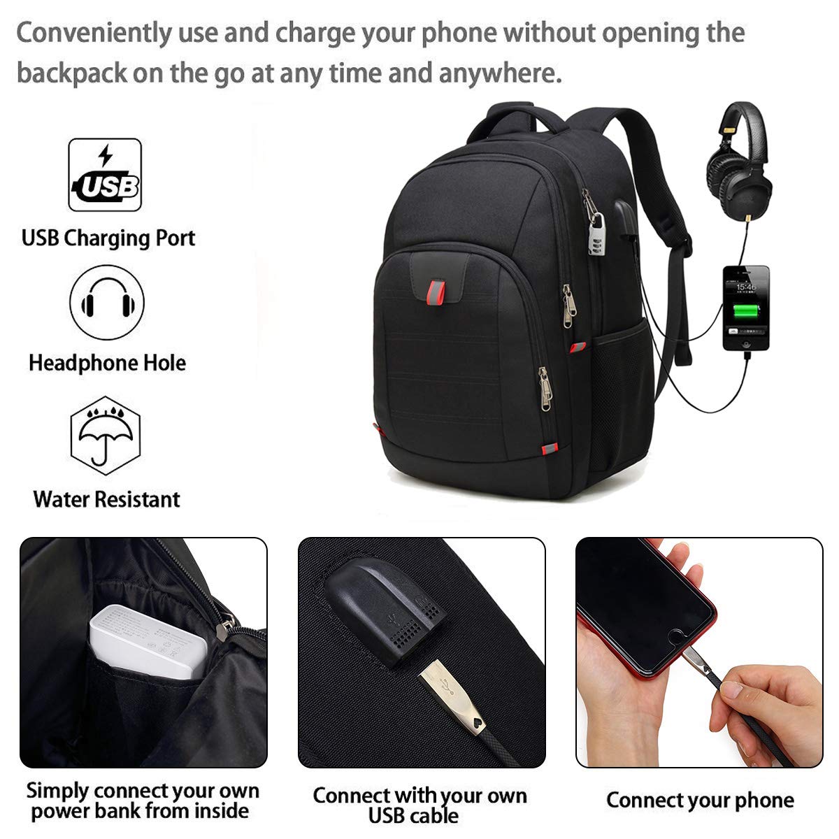 Della Gao Travel Laptop Backpack, Extra Large Anti Theft Backpack for Men and Women with USB Charging Port, Water Resistant Big Business Computer Backpack Bag Fit 17 Inch Laptop and Notebook, Black
