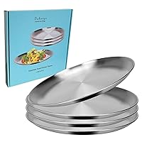 Stainless Steel Dinner Plates, Set of 4, 10-inch, Metal Plates for Eating, Camping, Adults and Kids,18/8 (304), Brushed (Matte Surface), Lightweight, Easy to Clean