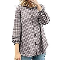 Womens Button Down Floral Shirt Casual Long Bubble Sleeve Loose Fit Collared Linen Work Blouse Tops