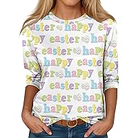 Women Happy Easter T Shirt Funny Shirts for Women Holiday Easter Shirts for Women 3/4 Sleeve Print Crewneck Comfy Casual Tops