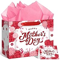 Mother's Day Flower Gift Bags Pink and Red Happy Mother's Day Floral Gift Bags with Handle Large Mothers Day Paper Bags Gift Bags with Wrapping Paper Card Mothers Day Gifts Treat Bags Party Favors