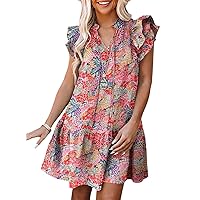 Dokotoo Womens 2024 Summer V-Neck Drawstring Ruffle Cap Short Sleeve Side Pockets Mini Dress Sundress