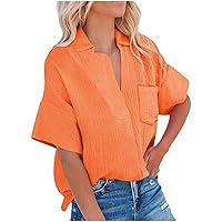 Cotton Linen Blouses for Women Dressy Casual Button Down Shirts Short Sleeve Summer Tops Lapel V Neck Lightweight Shirt