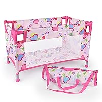 Toy Baby Doll Crib for 18'' Dolls, Cute Pink Heart Designed Baby Doll Bed with Carry Bag, Toy Crib Doll Furniture for 3 Years+ Girls
