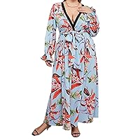 GORBAST Women's Plus Size Dress Maxi Dress Floral Print Bohemian Party Chiffon Elegant Summer Long Dress with Long Sleeve[3XL]