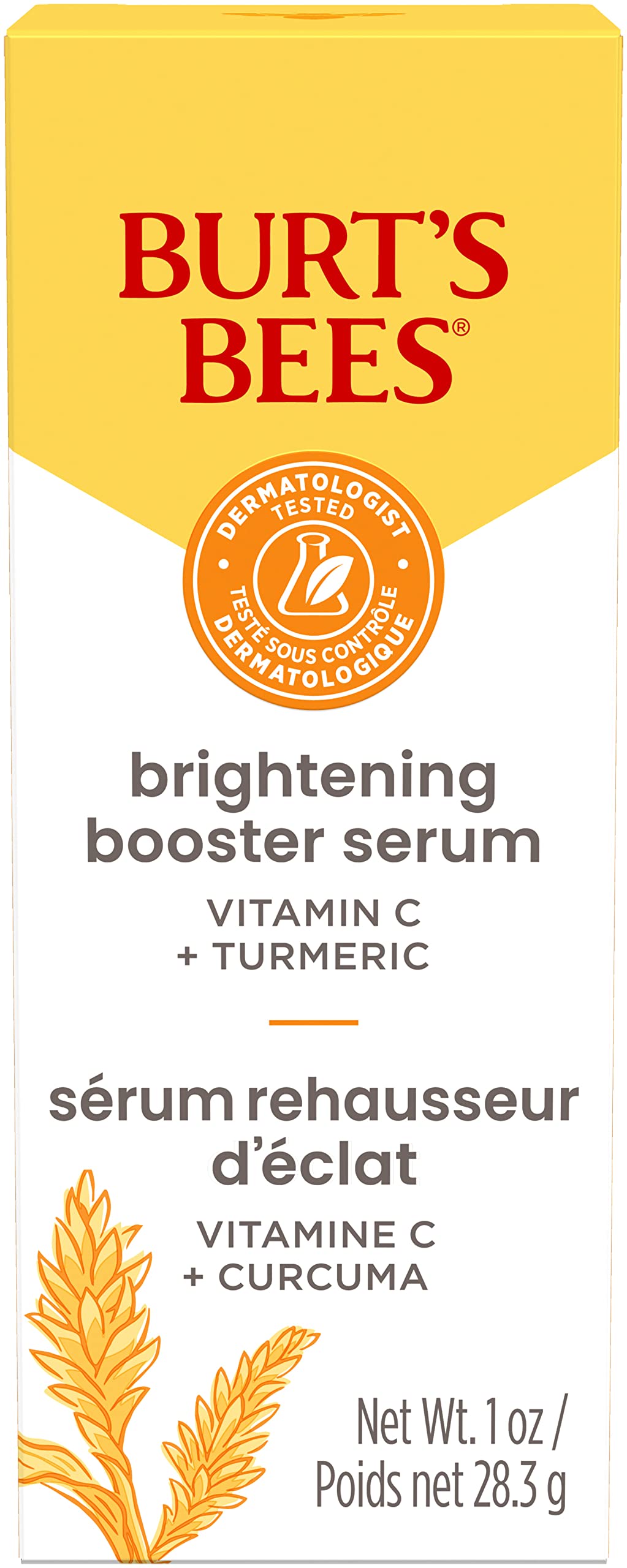 Burt's Bees Vitamin C Turmeric Face Serum, Brightens Skin & Visibly Reduces Dark Spots, Fine Lines & Wrinkles, Naturally Hydrating, Lightweight - Brightening Booster Serum (1 oz)