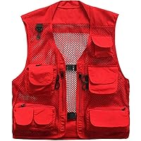 Men's Mesh Fishing Vest Multi Pockets Photography Outdoor Jacket (Red, XL-US)
