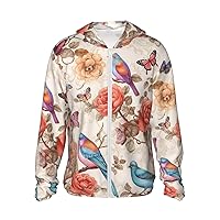Romantic Birds Butterfly Print Sun Protection Hoodie Jacket Full Zip Long Sleeve Sun Shirt with Pockets for Outdoor