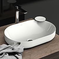 ELLAI Polaris Oval Bathroom Vessel Sink Drop In Sink White Semi Recessed Vessel Sink Modern Ceramic Bathroom Sink Bowl 23.6