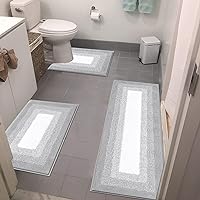 Bsmathom Bathroom Rugs Sets 3 Piece, Non-Slip Absorbent Bath Mats, Plush Shaggy Microfiber Bath Rug with U-Shaped Contour Toilet Mat Machine Washable, Light Grey