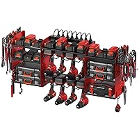 CCCEI Red Tools Organizer Wall Mount Charging Station, Power Tool Battery Storage Rack Built-in Power Strip. 8 Drill Holder, All Metal, Garage Utility Shelves, Movable. Pegboard Hanging Extension.