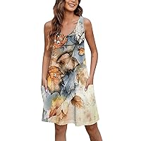 Beach Dresses Bohemian Dress for Women 2024 Summer Fashion Print Pretty Slim Fit Dress Sleeveless V Neck Dresses with Pockets Gold XX-Large